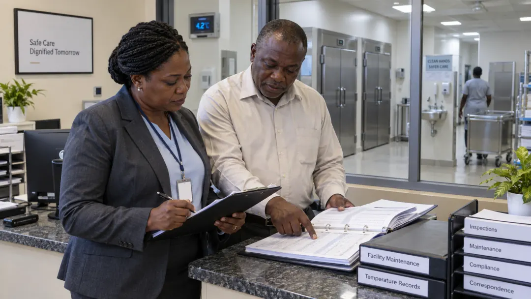 An inspector and a facility manager reviewing temperature records and compliance binders