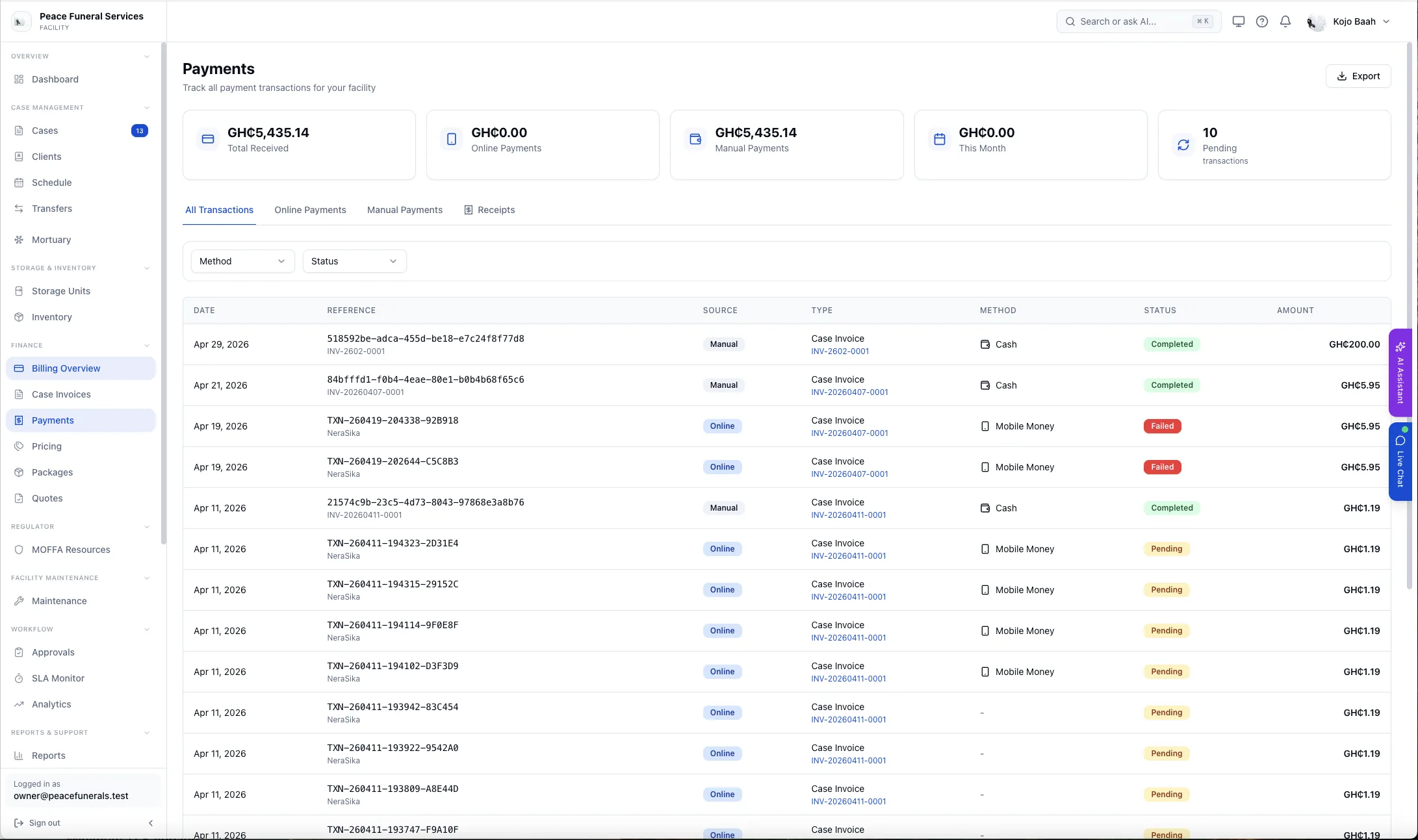 Sankorra payments view with Mobile Money transactions